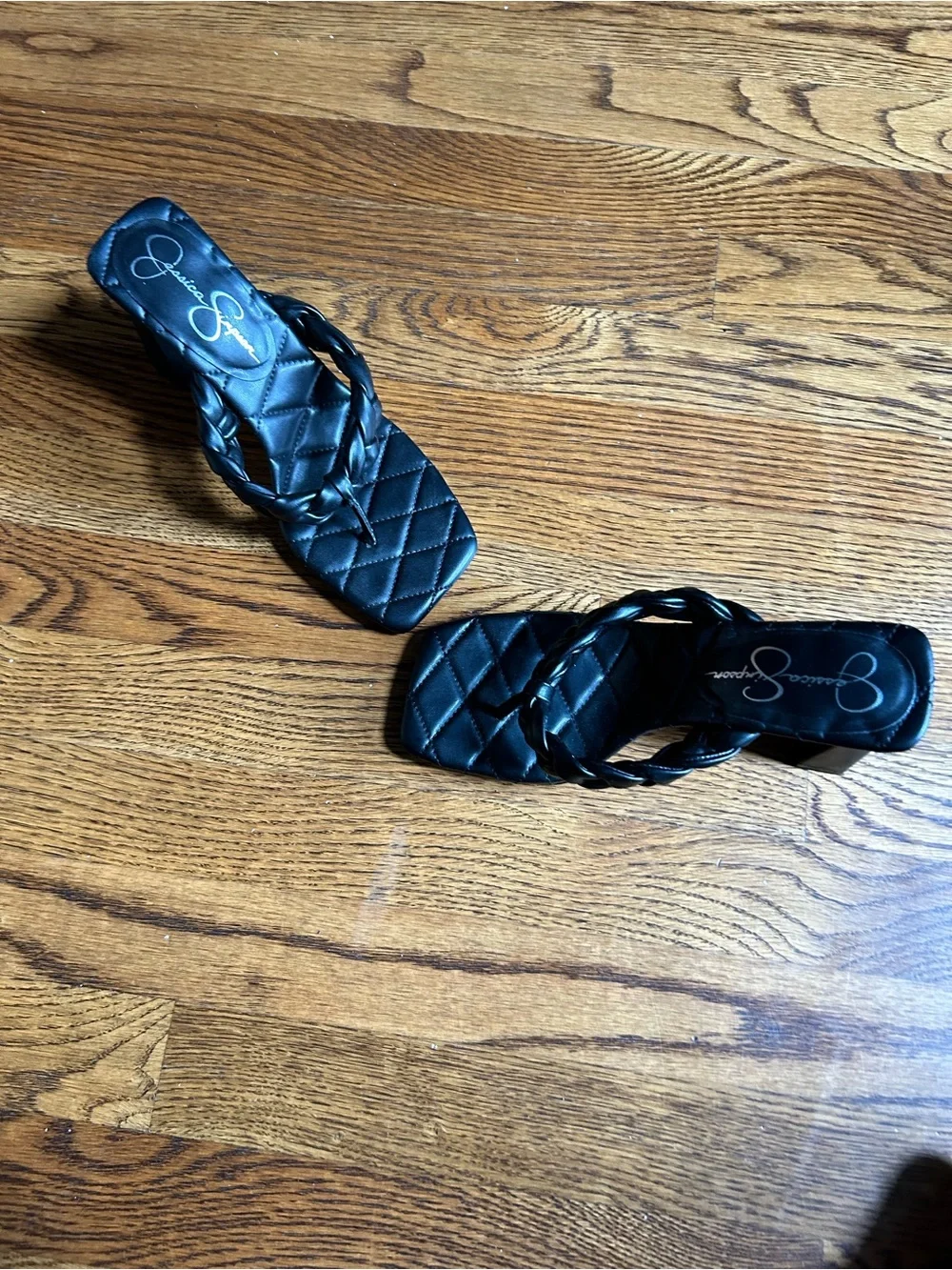 Jessica Simpson Black Quilted Braided Block Heel Sandals Size 8 Thong Sandal